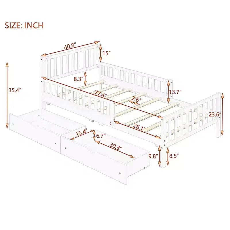 Lit plateforme double avec tiroirs de rangement et barrières de sécurité, lit plateforme pour petite chambre