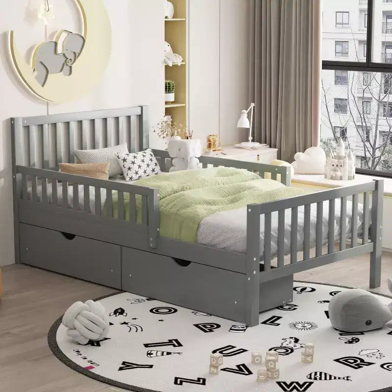 Lit plateforme double avec tiroirs de rangement et barrières de sécurité, lit plateforme pour petite chambre