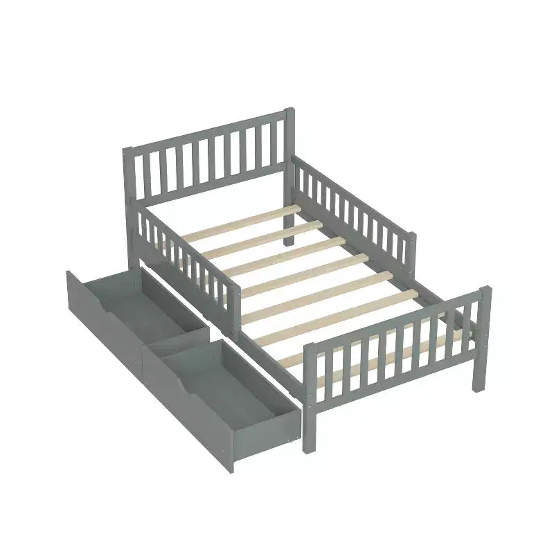 Lit plateforme double avec tiroirs de rangement et barrières de sécurité, lit plateforme pour petite chambre