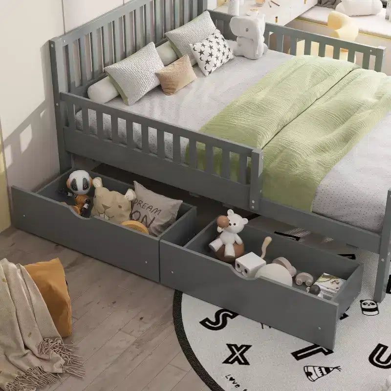 Lit plateforme double avec tiroirs de rangement et barrières de sécurité, lit plateforme pour petite chambre