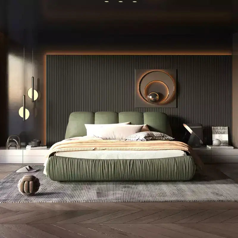 MAYEERTY King Size Luxury Upholstered Platform Bed with Oversized Padded Backrset and Solid Wood Frame Green