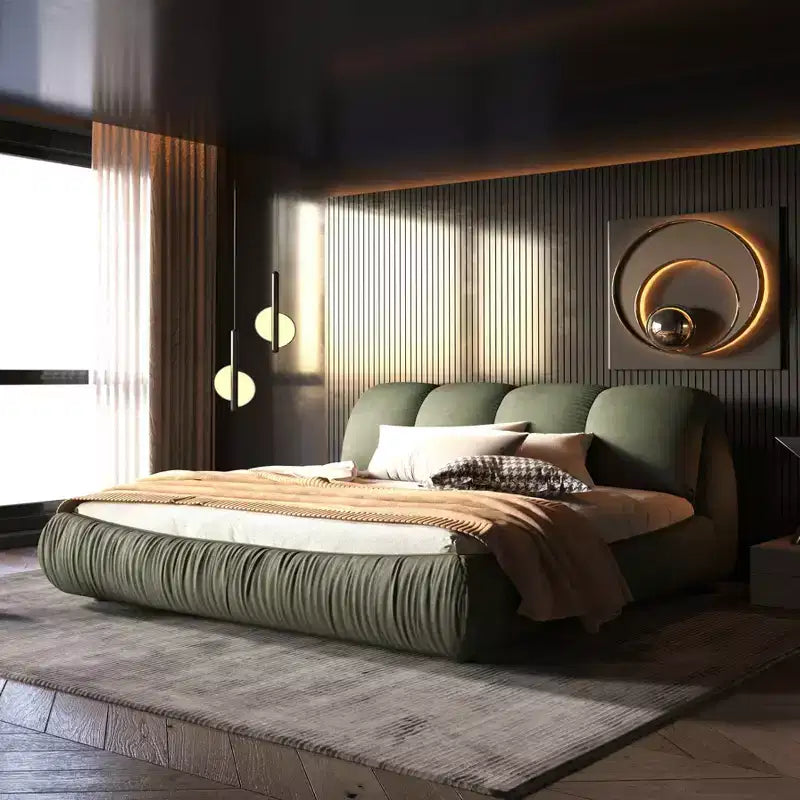 Lit plateforme King Size de luxe rembourré avec tête de lit capitonnée surdimensionnée et cadre en bois massif Vert