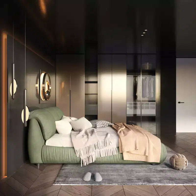 Lit plateforme King Size de luxe rembourré avec tête de lit capitonnée surdimensionnée et cadre en bois massif Vert
