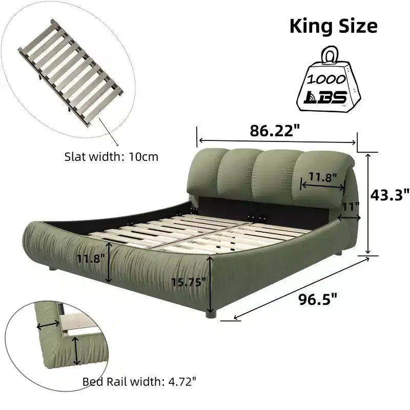 Lit plateforme King Size de luxe rembourré avec tête de lit capitonnée surdimensionnée et cadre en bois massif Vert