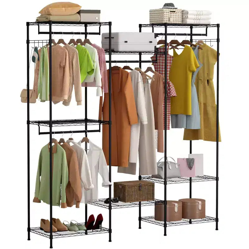 Heavy Duty Garment Rack, Clothes Rack with Adjustable Shelves, Hanging Rails & Hooks, Freestanding Portable Wardrobe Closet for Bedroom, Entrance