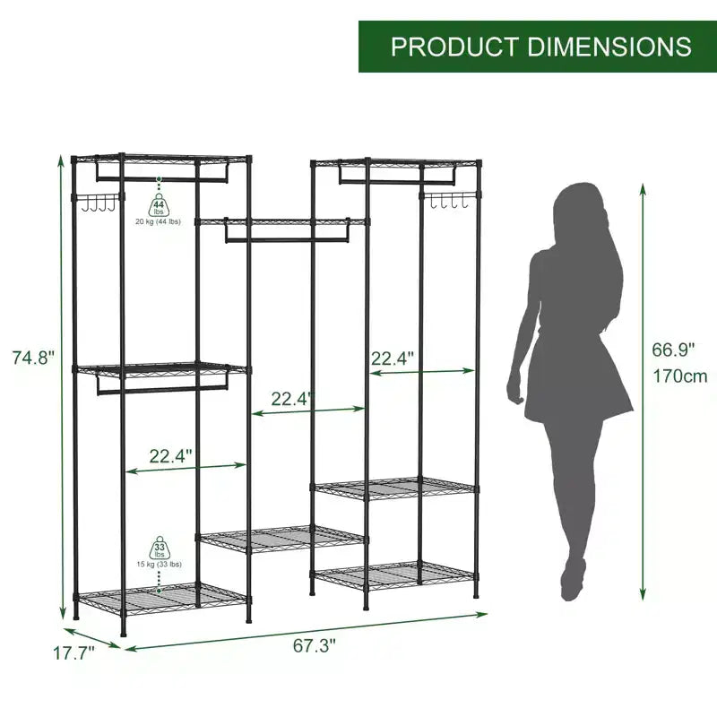 Portant à Vêtements Robuste, Étagère à Vêtements avec Étagères Réglables, Tiges de Suspension et Crochets, Armoire Portable Autonome pour Chambre, Entrée