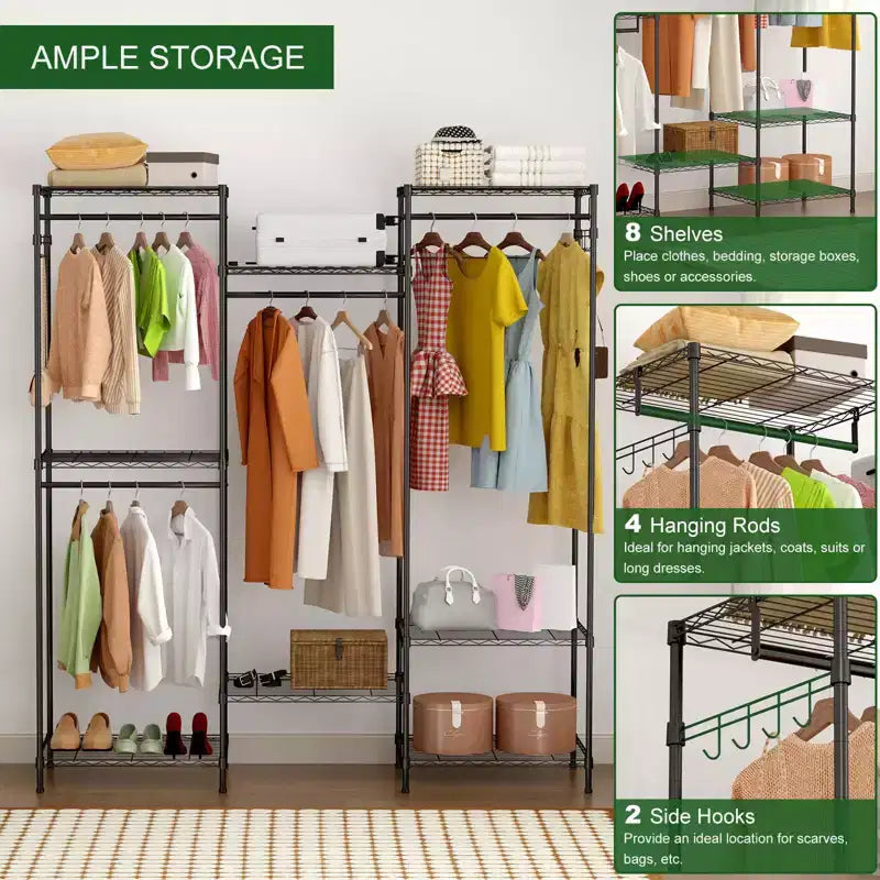 Portant à Vêtements Robuste, Étagère à Vêtements avec Étagères Réglables, Tiges de Suspension et Crochets, Armoire Portable Autonome pour Chambre, Entrée