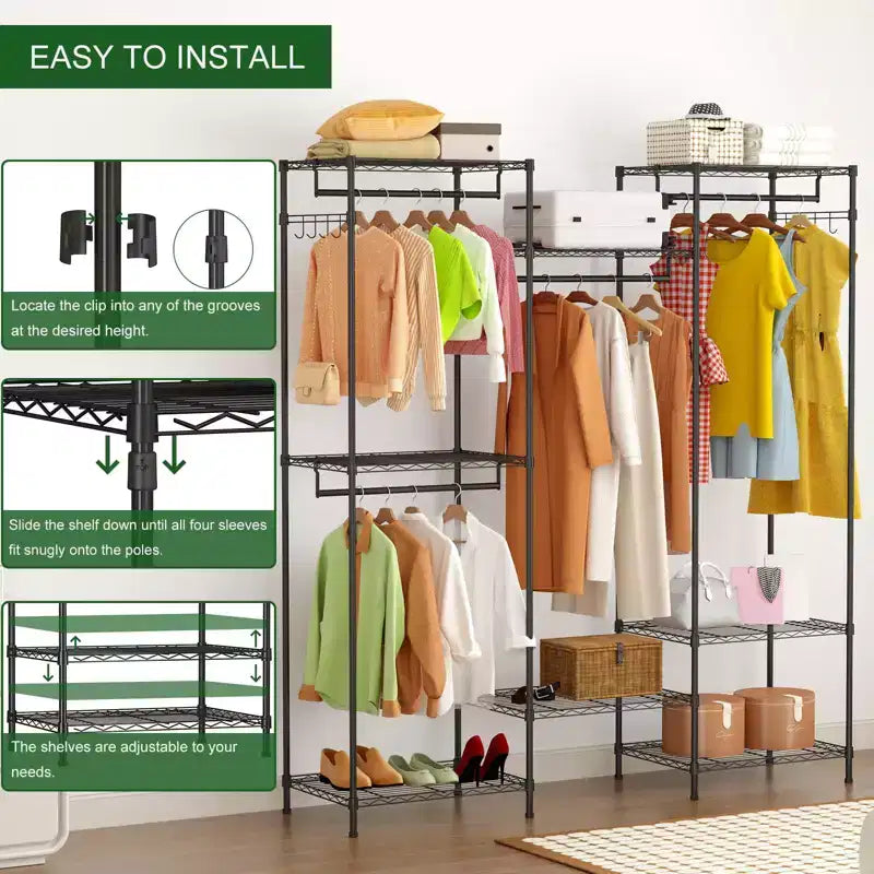 Portant à Vêtements Robuste, Étagère à Vêtements avec Étagères Réglables, Tiges de Suspension et Crochets, Armoire Portable Autonome pour Chambre, Entrée