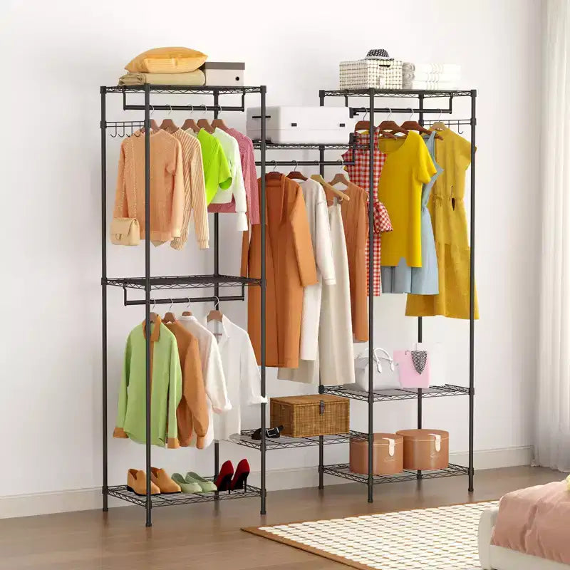 Portant à Vêtements Robuste, Étagère à Vêtements avec Étagères Réglables, Tiges de Suspension et Crochets, Armoire Portable Autonome pour Chambre, Entrée