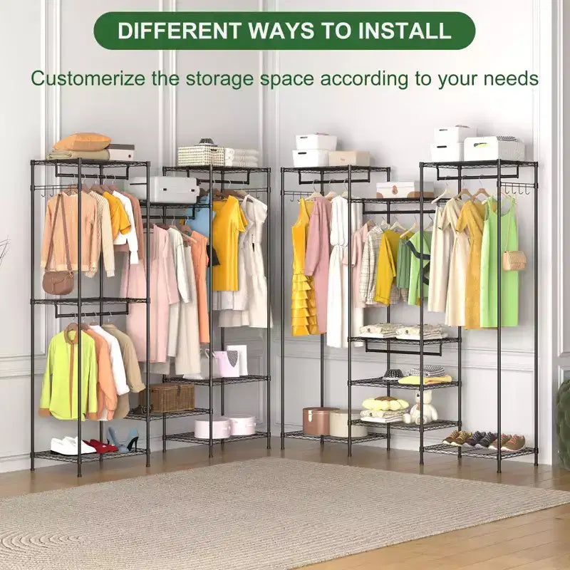 Portant à Vêtements Robuste, Étagère à Vêtements avec Étagères Réglables, Tiges de Suspension et Crochets, Armoire Portable Autonome pour Chambre, Entrée