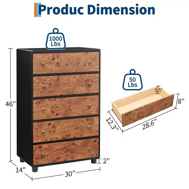 Commode à 5 tiroirs avec profil incurvé, commode moderne de 117 cm de hauteur avec texture de chêne naturel