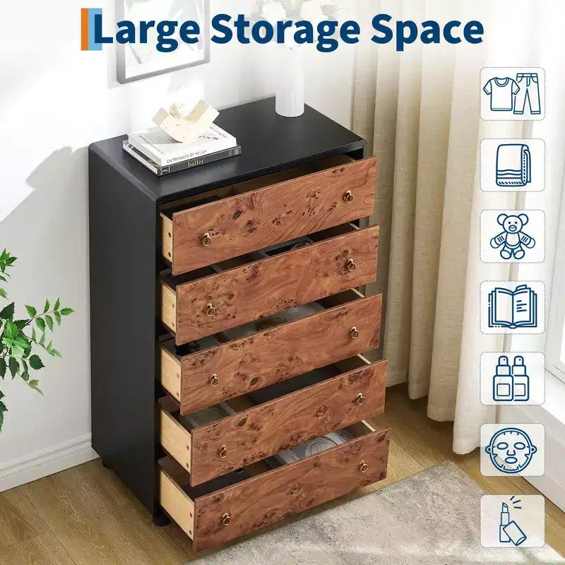 Commode à 5 tiroirs avec profil incurvé, commode moderne de 117 cm de hauteur avec texture de chêne naturel