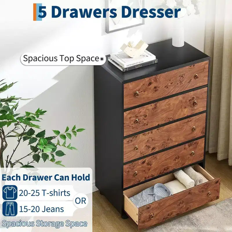Commode à 5 tiroirs avec profil incurvé, commode moderne de 117 cm de hauteur avec texture de chêne naturel
