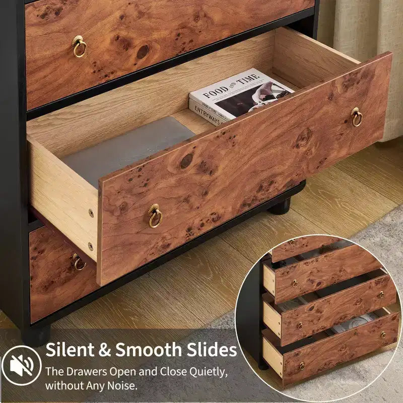 Commode à 5 tiroirs avec profil incurvé, commode moderne de 117 cm de hauteur avec texture de chêne naturel