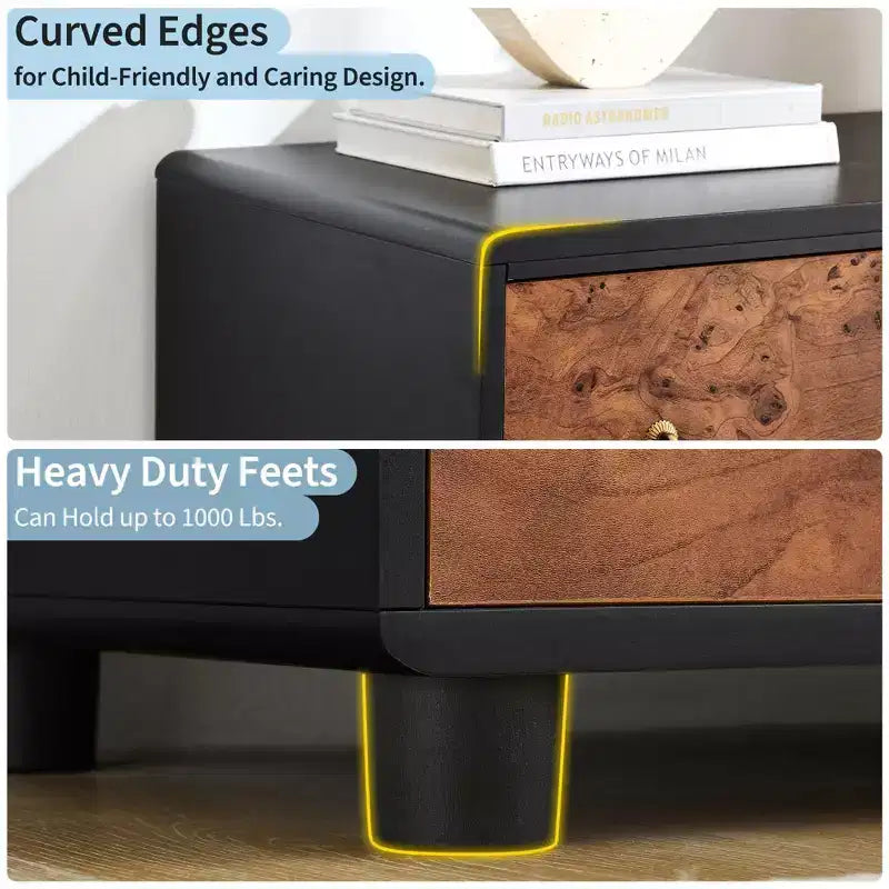Commode à 5 tiroirs avec profil incurvé, commode moderne de 117 cm de hauteur avec texture de chêne naturel