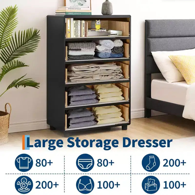 Commode à 5 tiroirs avec profil incurvé, commode moderne de 117 cm de hauteur avec texture de chêne naturel