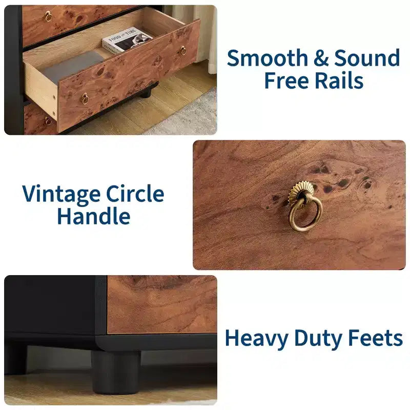 Commode à 5 tiroirs avec profil incurvé, commode moderne de 117 cm de hauteur avec texture de chêne naturel