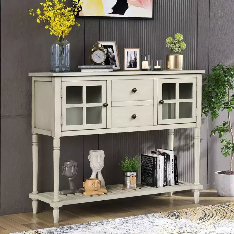 Console de style ferme en bois et verre, buffet de rangement avec tiroirs et étagère pour salon, couloir, entrée