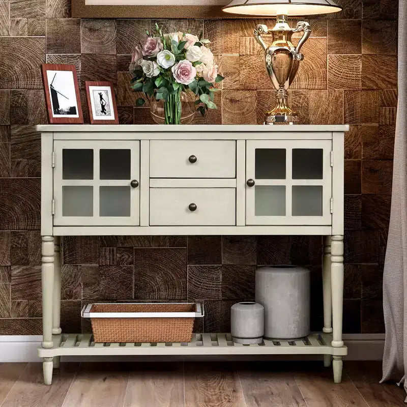 Console de style ferme en bois et verre, buffet de rangement avec tiroirs et étagère pour salon, couloir, entrée