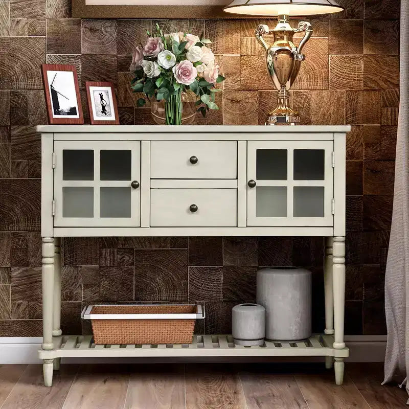 Farmhouse Style Console Table with Wood and Glass, Sideboard Buffet Storage Cabinet with Drawers and Shelf for Living Room, Hallway, Entryway