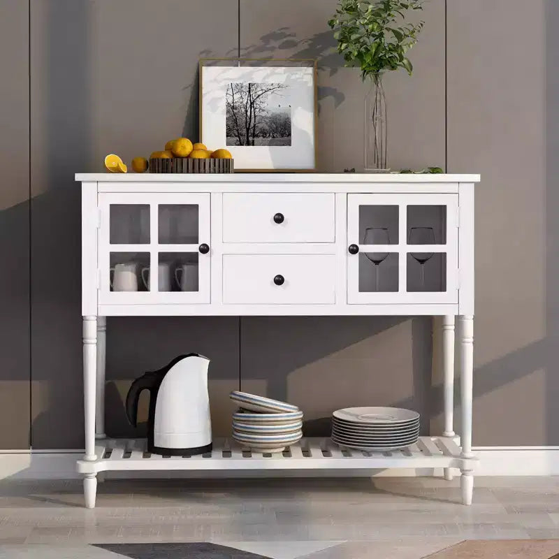 Console de style ferme en bois et verre, buffet de rangement avec tiroirs et étagère pour salon, couloir, entrée