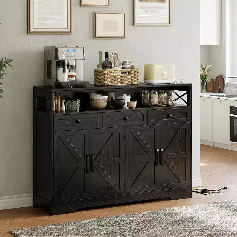 Farmhouse Black Sideboard Buffet Cabinet with Storage Shelf and Built-in Charging Station, 51-inch Large Coffee Bar Hutch,for Living Room,Dining Room