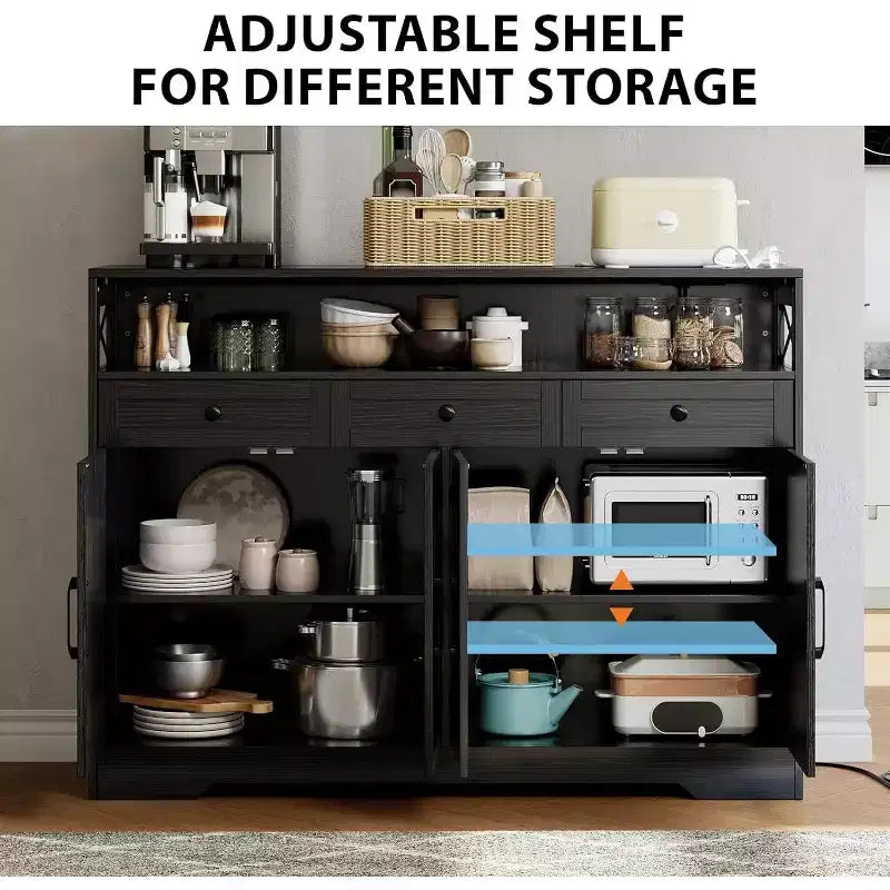 Buffet de salle à manger noir style ferme avec étagère de rangement et station de recharge intégrée, grand meuble de bar à café de 130 cm, pour salon, salle à manger