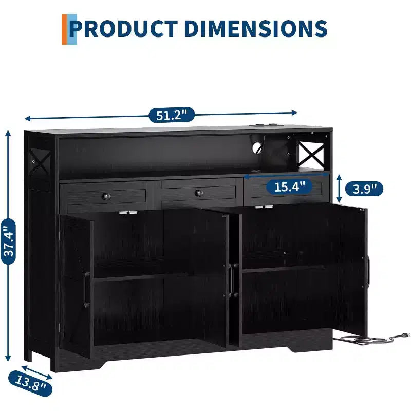 Buffet de salle à manger noir style ferme avec étagère de rangement et station de recharge intégrée, grand meuble de bar à café de 130 cm, pour salon, salle à manger