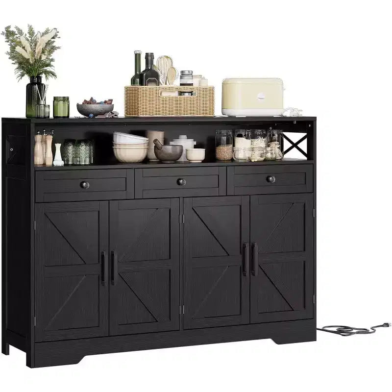 Buffet de salle à manger noir style ferme avec étagère de rangement et station de recharge intégrée, grand meuble de bar à café de 130 cm, pour salon, salle à manger