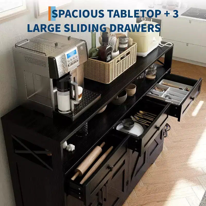 Buffet de salle à manger noir style ferme avec étagère de rangement et station de recharge intégrée, grand meuble de bar à café de 130 cm, pour salon, salle à manger
