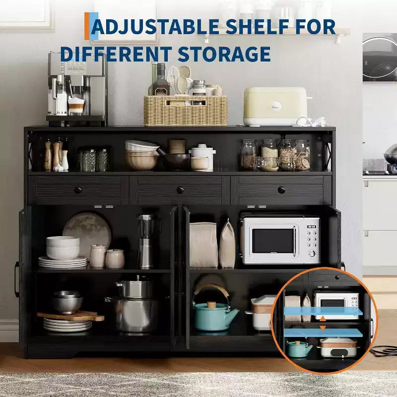 Buffet de salle à manger noir style ferme avec étagère de rangement et station de recharge intégrée, grand meuble de bar à café de 130 cm, pour salon, salle à manger