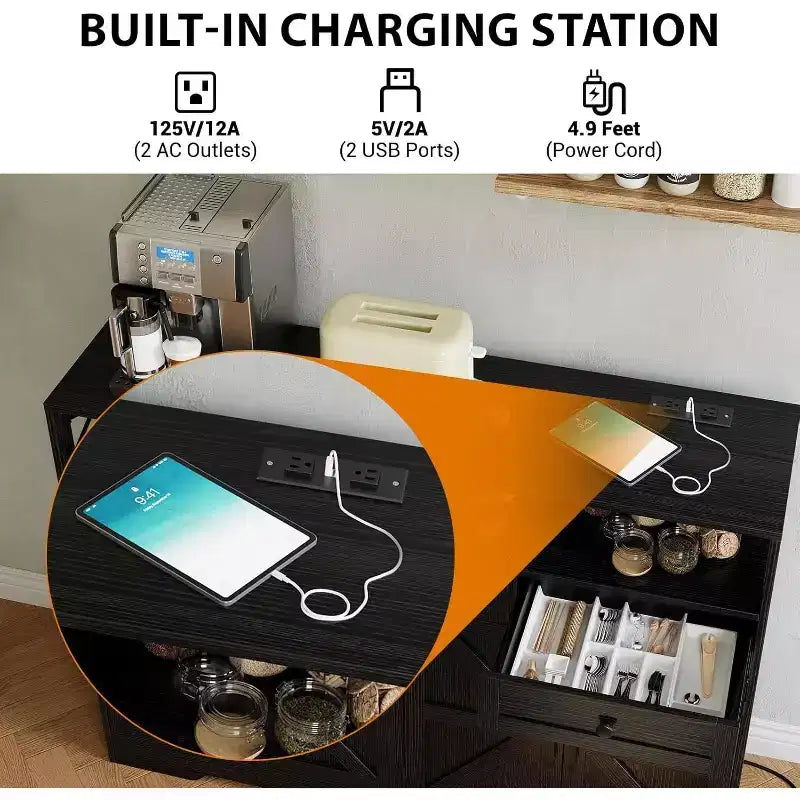 Buffet de salle à manger noir style ferme avec étagère de rangement et station de recharge intégrée, grand meuble de bar à café de 130 cm, pour salon, salle à manger