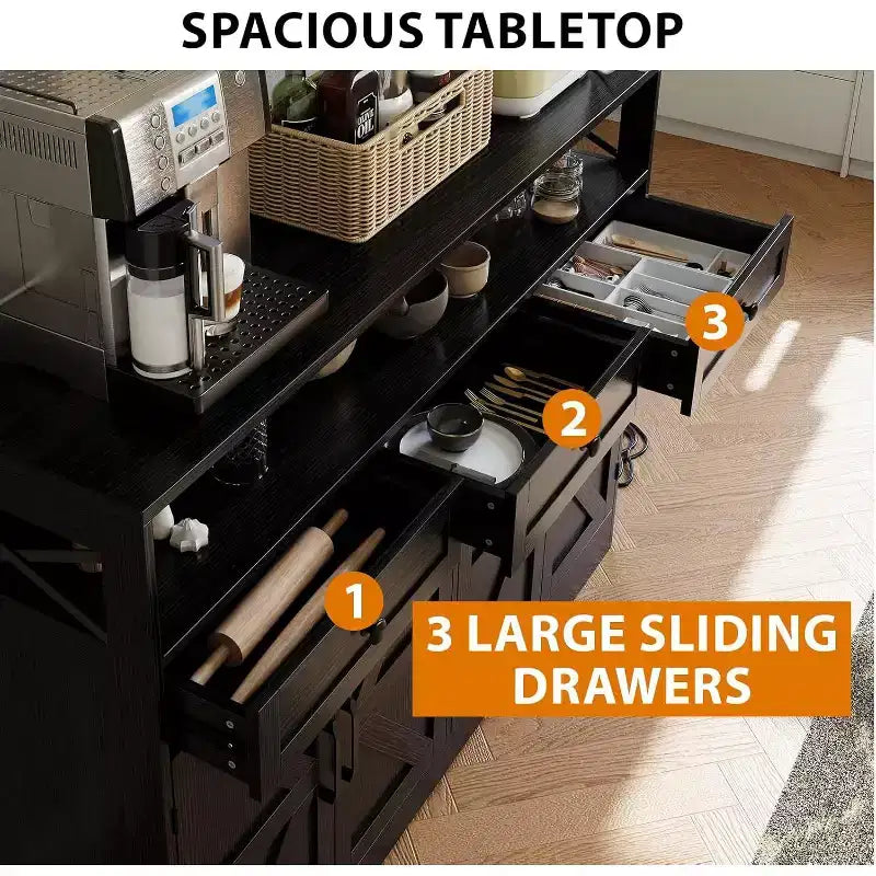 Buffet de salle à manger noir style ferme avec étagère de rangement et station de recharge intégrée, grand meuble de bar à café de 130 cm, pour salon, salle à manger