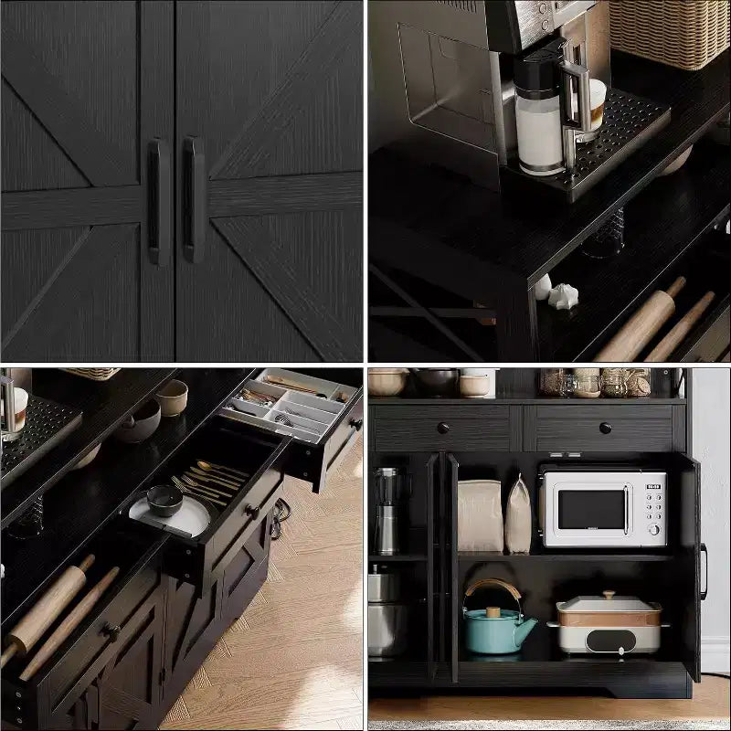 Buffet de salle à manger noir style ferme avec étagère de rangement et station de recharge intégrée, grand meuble de bar à café de 130 cm, pour salon, salle à manger