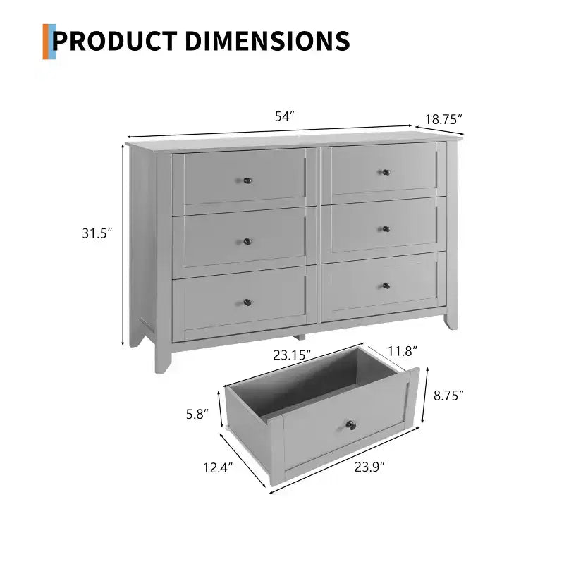Commode à 6 tiroirs pour chambre à coucher, commode en bois de 54 po de largeur avec poignées métalliques, meuble TV, organisateur de rangement pour vêtements pour chambre à coucher, couloir, noir