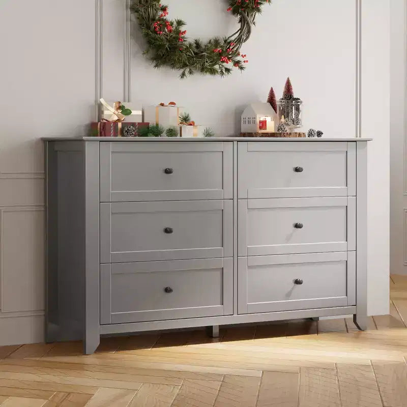 Commode à 6 tiroirs pour chambre à coucher, commode en bois de 54 po de largeur avec poignées métalliques, meuble TV, organisateur de rangement pour vêtements pour chambre à coucher, couloir, noir