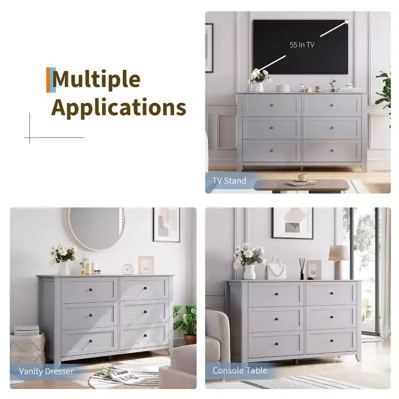 Commode à 6 tiroirs pour chambre à coucher, commode en bois de 54 po de largeur avec poignées métalliques, meuble TV, organisateur de rangement pour vêtements pour chambre à coucher, couloir, noir