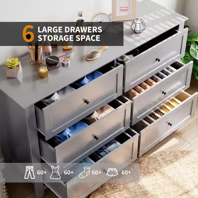 Commode à 6 tiroirs pour chambre à coucher, commode en bois de 54 po de largeur avec poignées métalliques, meuble TV, organisateur de rangement pour vêtements pour chambre à coucher, couloir, noir