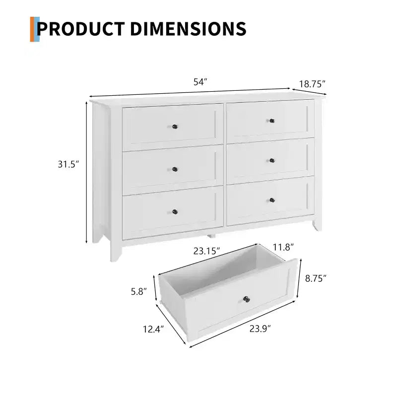 Commode à 6 tiroirs pour chambre à coucher, commode en bois de 54 po de largeur avec poignées métalliques, meuble TV, organisateur de rangement pour vêtements pour chambre à coucher, couloir, noir