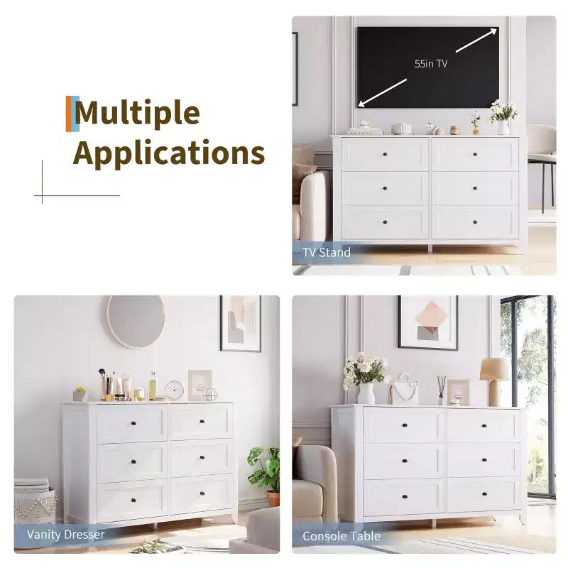 Commode à 6 tiroirs pour chambre à coucher, commode en bois de 54 po de largeur avec poignées métalliques, meuble TV, organisateur de rangement pour vêtements pour chambre à coucher, couloir, noir