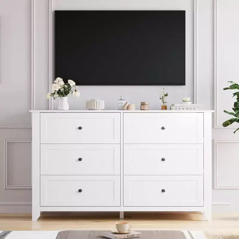 Commode à 6 tiroirs pour chambre à coucher, commode en bois de 54 po de largeur avec poignées métalliques, meuble TV, organisateur de rangement pour vêtements pour chambre à coucher, couloir, noir