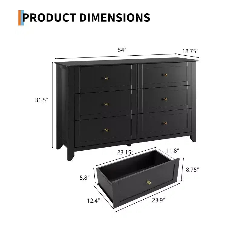Commode à 6 tiroirs pour chambre à coucher, commode en bois de 54 po de largeur avec poignées métalliques, meuble TV, organisateur de rangement pour vêtements pour chambre à coucher, couloir, noir