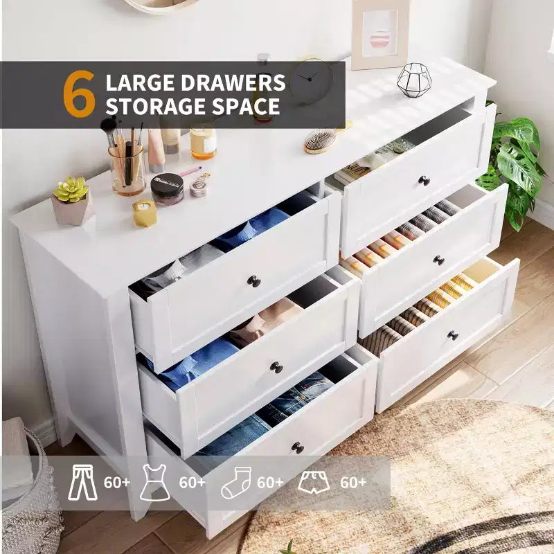 Commode à 6 tiroirs pour chambre à coucher, commode en bois de 54 po de largeur avec poignées métalliques, meuble TV, organisateur de rangement pour vêtements pour chambre à coucher, couloir, noir
