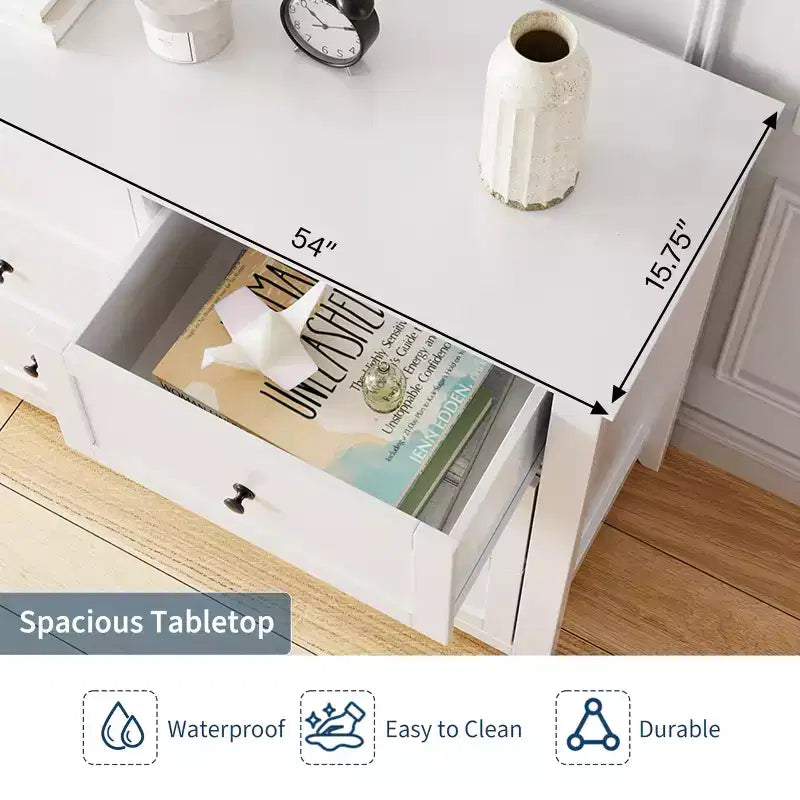 Commode à 6 tiroirs pour chambre à coucher, commode en bois de 54 po de largeur avec poignées métalliques, meuble TV, organisateur de rangement pour vêtements pour chambre à coucher, couloir, noir