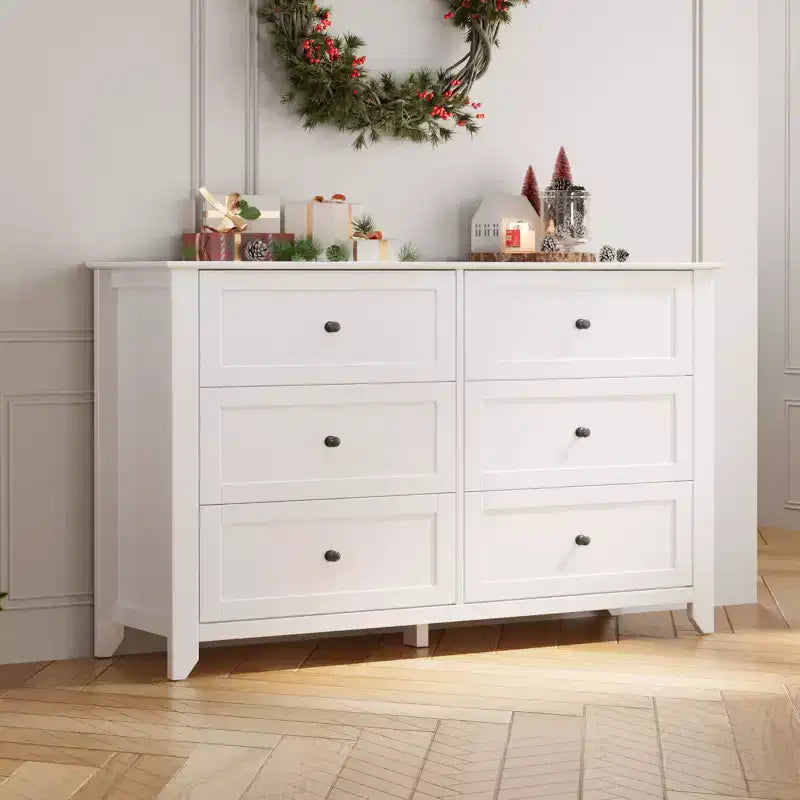 Commode à 6 tiroirs pour chambre à coucher, commode en bois de 54 po de largeur avec poignées métalliques, meuble TV, organisateur de rangement pour vêtements pour chambre à coucher, couloir, noir