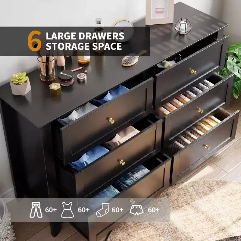 Commode à 6 tiroirs pour chambre à coucher, commode en bois de 54 po de largeur avec poignées métalliques, meuble TV, organisateur de rangement pour vêtements pour chambre à coucher, couloir, noir