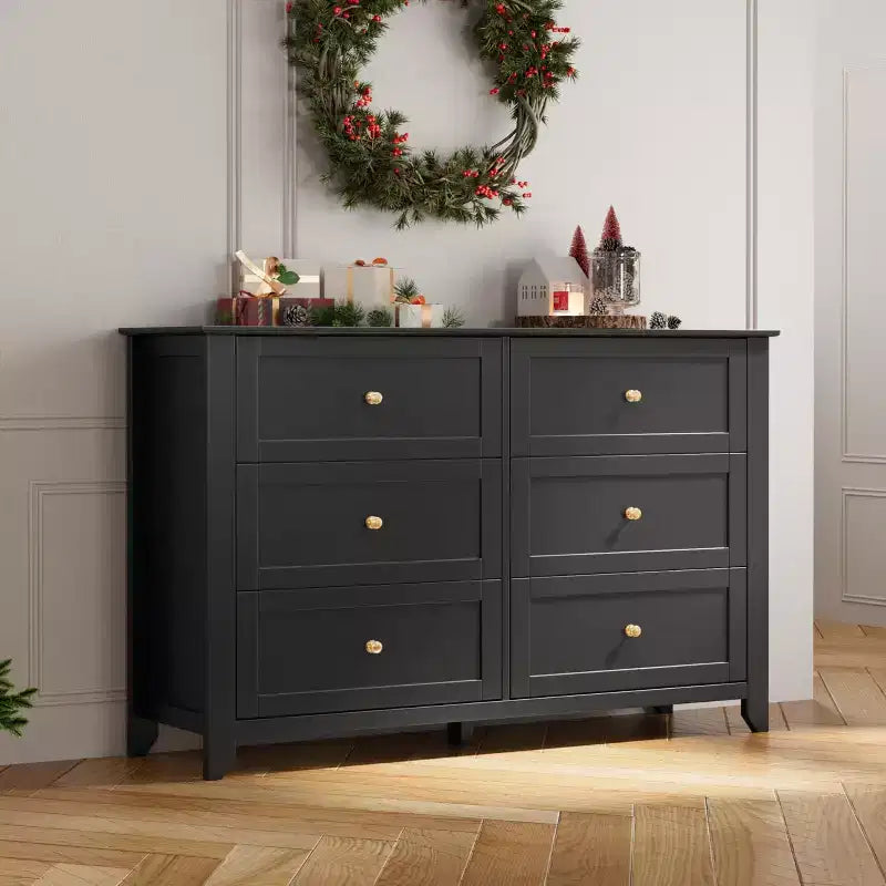 Commode à 6 tiroirs pour chambre à coucher, commode en bois de 54 po de largeur avec poignées métalliques, meuble TV, organisateur de rangement pour vêtements pour chambre à coucher, couloir, noir