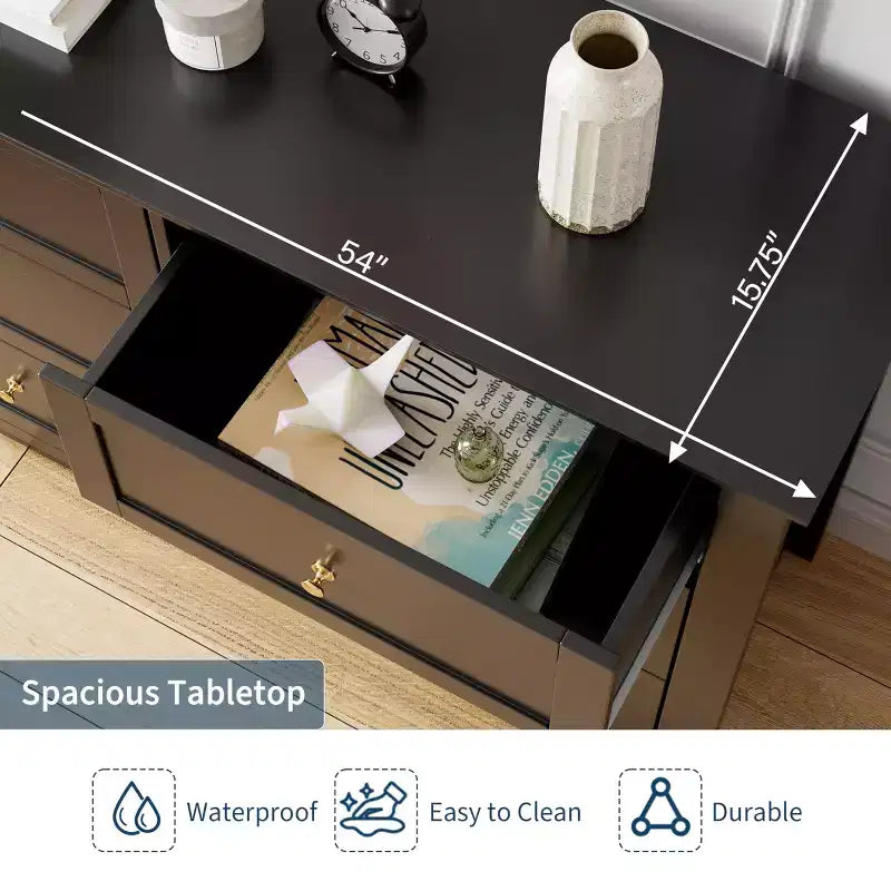Commode à 6 tiroirs pour chambre à coucher, commode en bois de 54 po de largeur avec poignées métalliques, meuble TV, organisateur de rangement pour vêtements pour chambre à coucher, couloir, noir