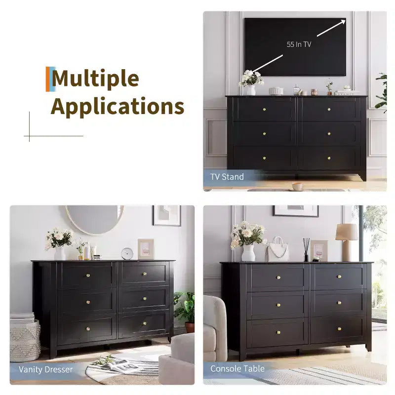 Commode à 6 tiroirs pour chambre à coucher, commode en bois de 54 po de largeur avec poignées métalliques, meuble TV, organisateur de rangement pour vêtements pour chambre à coucher, couloir, noir
