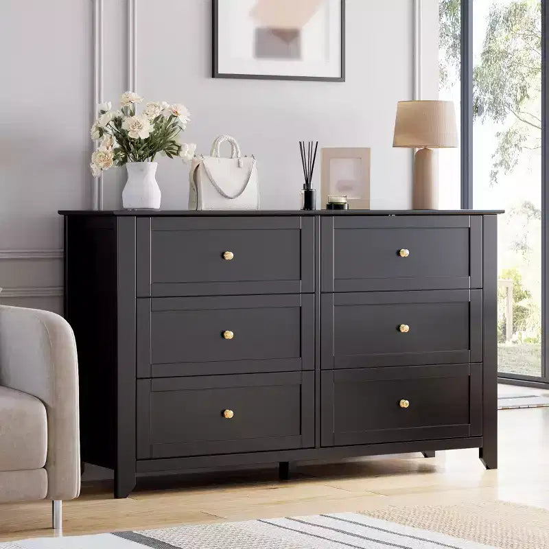 6 Drawer Dresser for Bedroom, 54W Wooden Chest of Drawers with Metal Knobs, Dresser TV Stand, Clothes Storage Organizer for Bedroom,Hallway, Black